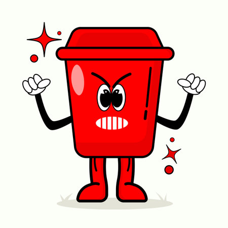 Angry cartoon red trash bin character design. Perfect for campaigns about waste management and pollution awarenessのイラスト素材