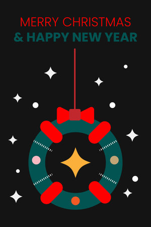 Festive Christmas greeting card design with a red bow and decorative starsのイラスト素材