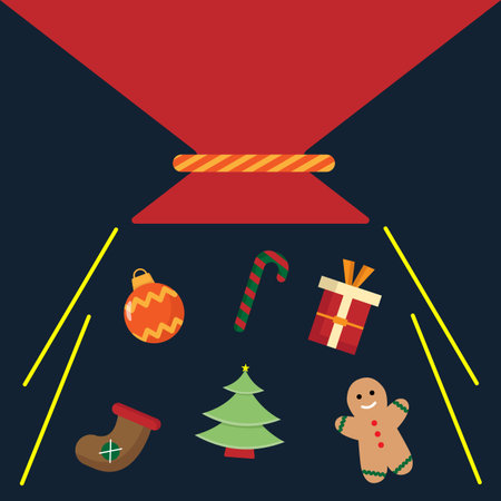 Colorful and festive design showing gifts, candies, and decorations. Perfect for use in greeting cards, posters, or advertisements celebrating the holiday spirit.のイラスト素材