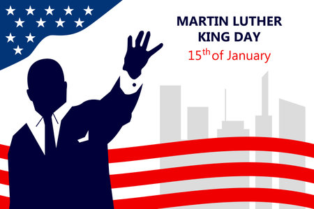 An inspirational Martin Luther King Day design with a speaking silhouette and urban skylineのイラスト素材