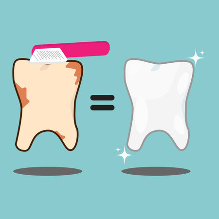 Cute dental illustration featuring teeth with a toothbrush, highlighting cleaning routines and oral hygiene educationのイラスト素材