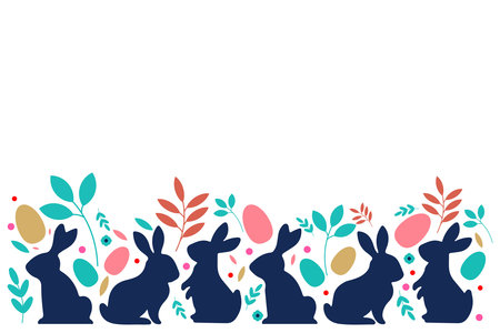 Festive Easter banner with bunny silhouettes and colorful eggs celebrating springtime joy.のイラスト素材