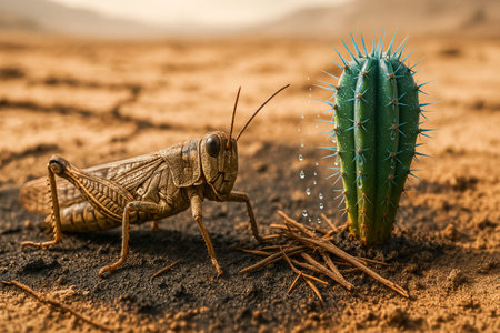 Closeup of a grasshopper on scorched sand with a bioengineered cactus in a desertified areaの素材