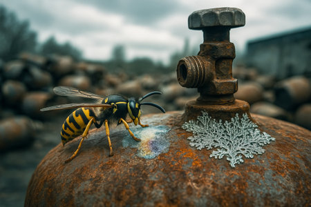 Closeup of a wasp on a rusted gas cylinder with chemical residue and a bioengineered lichen in a gas cylinder dumpの素材