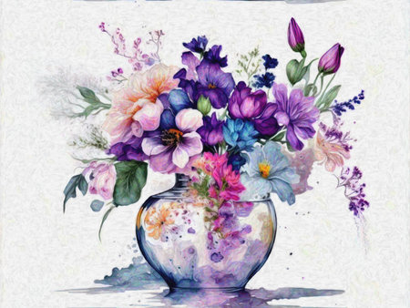 Watercolor bouquet of spring flowers in a glass vase.の写真素材