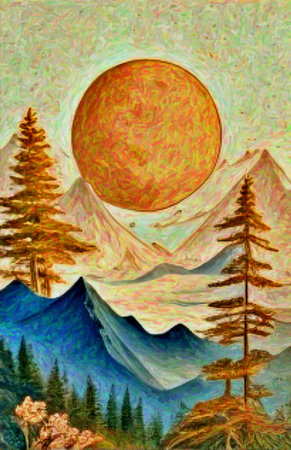 Landscape with mountains and forest on a background of the sun. Watercolor painting of nature. Hand-Drawing, printable art.の写真素材