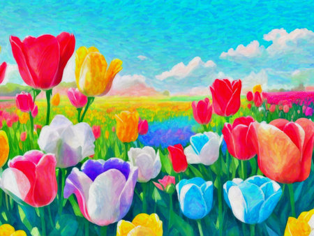 Tulips in the field on a sunny day. Watercolor painting.の写真素材