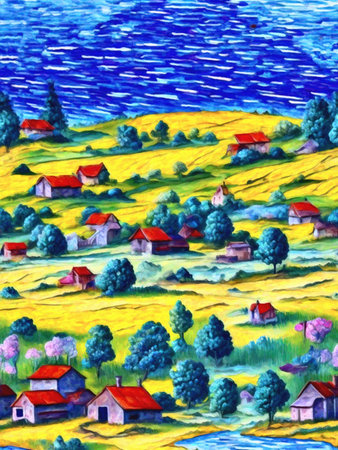 Art painting Acrylic color Rural landscape with village on the hill.