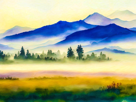 Landscape with mountains, forest and fog.  Watercolor painting.の写真素材
