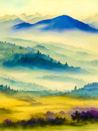 Watercolor landscape of mountains and forest in the fog. Watercolor painting.の写真素材