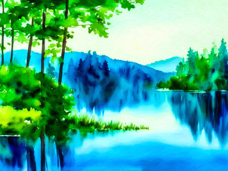 Watercolor landscape with lake and forest. Digital art painting. Hand drawn.の写真素材