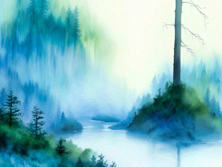 Watercolor landscape with a lake, trees and fog. Watercolor painting.の写真素材