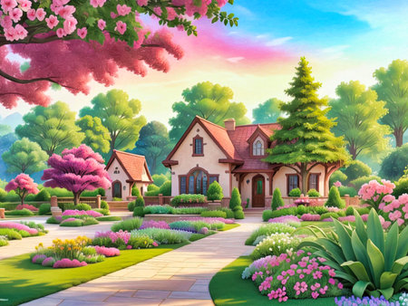 Beautiful villa surrounded by flowers and trees. Digital painting.の写真素材