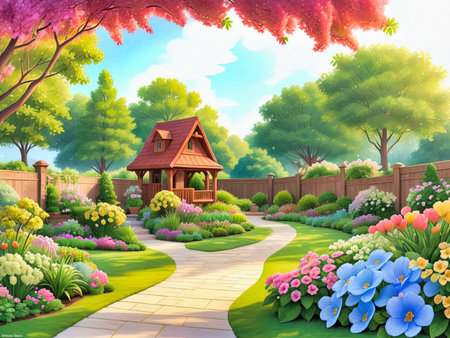 Illustration of a wooden house in the garden with beautiful flowers.の写真素材