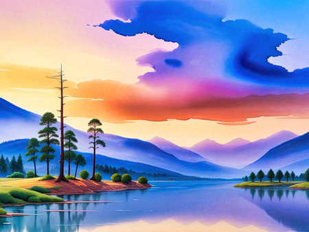 Beautiful landscape with mountains, lake and trees. Digital painting.の写真素材