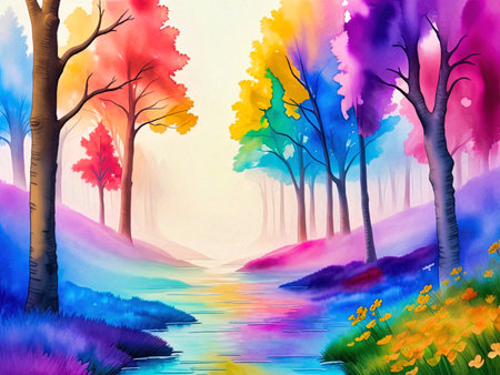 Beautiful summer landscape with lake and mountains at sunset. Digital paintingの写真素材