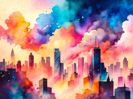Watercolor cityscape with skyscrapers and clouds. Digital painting.の写真素材