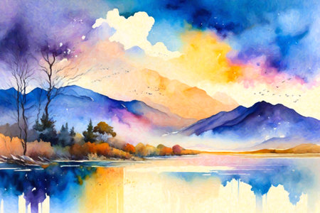 Landscape with mountains, lake and sky. Watercolor painting.の写真素材