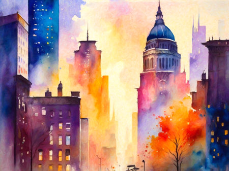Watercolor illustration of a cityscape in Philadelphia, Pennsylvania, USA.の写真素材