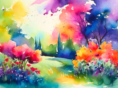 watercolor landscape with flowers and trees, watercolor painting on paperの写真素材