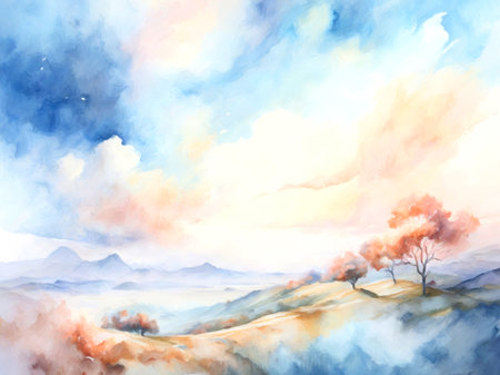 Autumn landscape with fog in the mountains. Watercolor painting.の写真素材