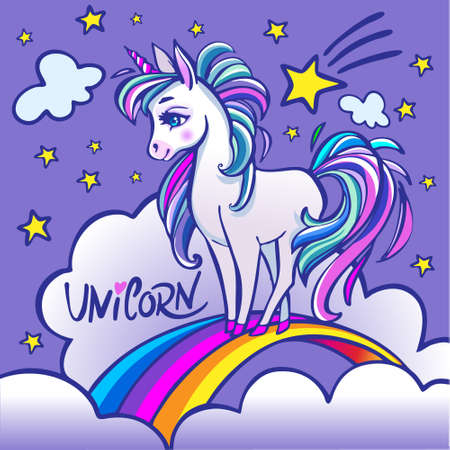 Unicorn head portrait vector illustration. Magic fantasy Horse design for kids t-shirt and bags. Unicorn with rainbow hairのイラスト素材