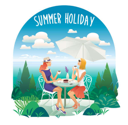 Two young women at beach cafe, summer vacationのイラスト素材