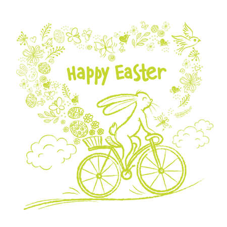 Cute Easter rabbit on city bicycle with gift egg in basket.のイラスト素材