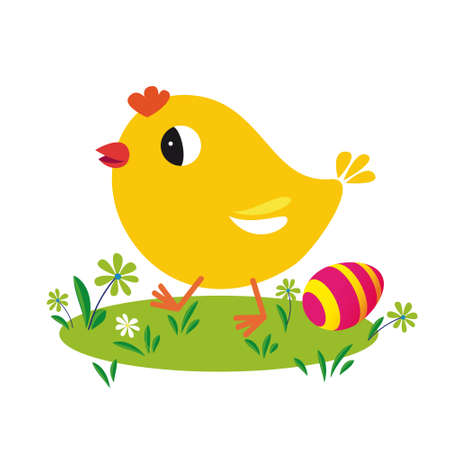 Little yellow chicks on green meadow.
