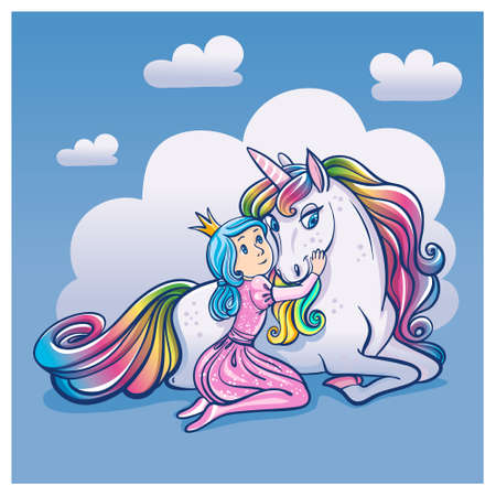 Little Princess Girl and Cute Unicorn illustration.のイラスト素材
