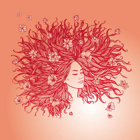 Pretty young woman with long beautiful hair. Flowers in the hair.のイラスト素材