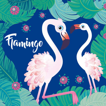 Flamingo with tropical palm leaves.Perfect for wallpapers, web page backgrounds, surface textures, textiles.のイラスト素材