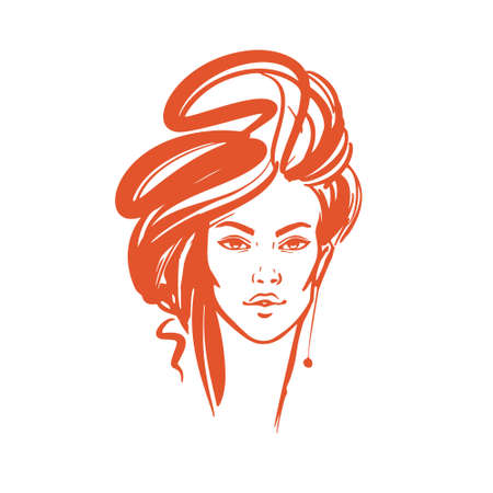 Illustration of women long hair style icon, logo women on white background, vector.
