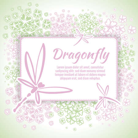 Vector botanical banners with dragonfly and flowers. Floral design for natural cosmetics, perfume, women products. Can be used as a greeting card, wedding invitation, spring backgroundのイラスト素材