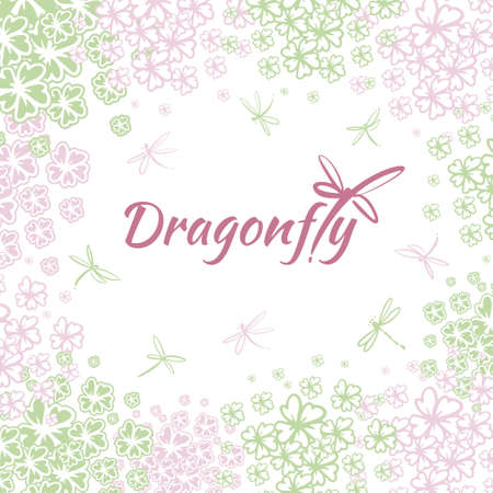 Vector botanical banners with dragonfly and flowers. Floral design for natural cosmetics, perfume, women products. Can be used as a greeting card, wedding invitation, spring backgroundのイラスト素材