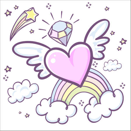 Fashion patch badges with, donuts rainbow, confetti and other elements.Vector background with stickers, pinsのイラスト素材
