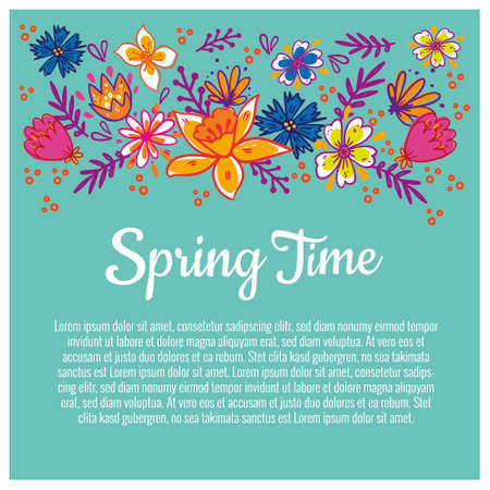 Floral frame with text. Romantic greeting card. Spring time wording with hand drawn flowers.のイラスト素材