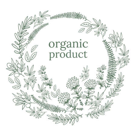 design template in trendy linear style - eat healthy - vegetarian or food badge or emblem for food wrappingのイラスト素材