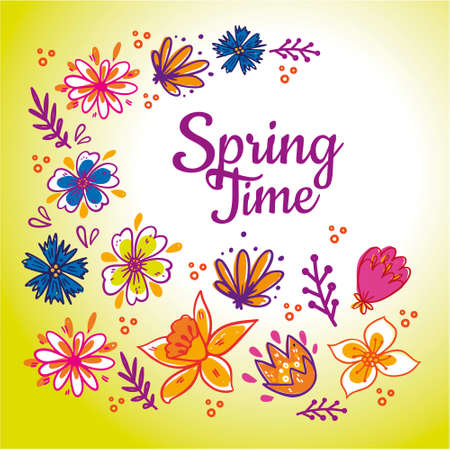 Floral frame with text. Romantic greeting card. Spring time wording with hand drawn flowers.のイラスト素材