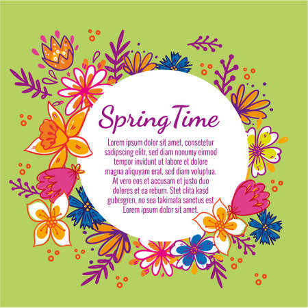 Floral frame with text. Romantic greeting card. Spring time wording with hand drawn flowers.のイラスト素材