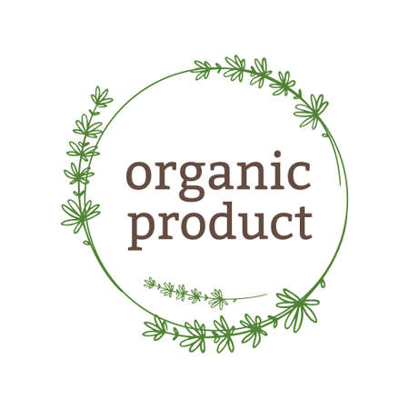 design template in trendy linear style - eat healthy - vegetarian or food badge or emblem for food wrappingのイラスト素材