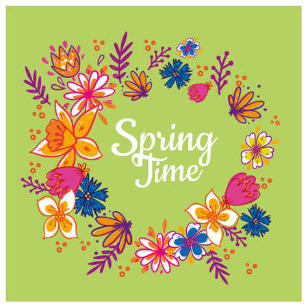 Floral frame with text. Romantic greeting card. Spring time wording with hand drawn flowers.のイラスト素材