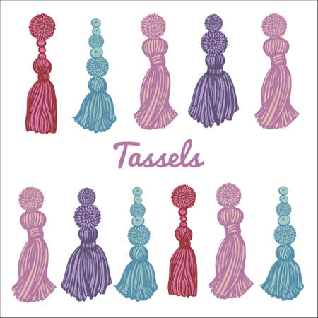 set of beautiful multi-colored tassels on white background. Vector illustrationのイラスト素材