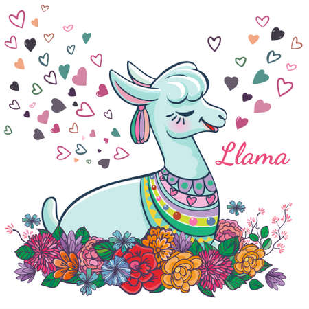 Beautiful llama, alpaca portrait with flowers frame. Vector, sketch, outline, cartoon Illustrationのイラスト素材