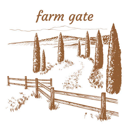 Old wooden farmers gate. Mediterranean landscape with cypresses.のイラスト素材