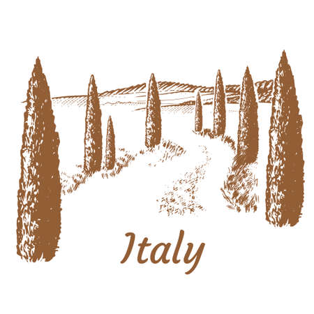 Old wooden farmers gate. Mediterranean landscape with cypresses.のイラスト素材