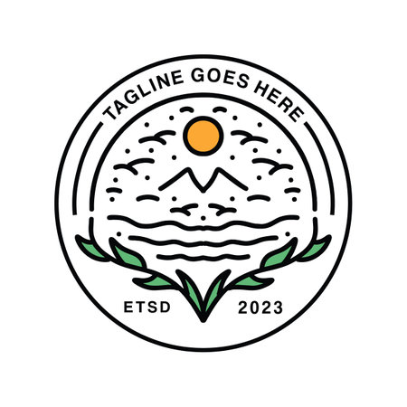 Vintage Monoline Mountain Logo Emblem Vector Design badge illustration Symbol Iconのイラスト素材