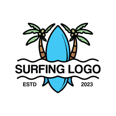 Surfing Wave Logo Summer Ocean Vintage Emblem Vector Design badge illustration Symbol Iconのイラスト素材