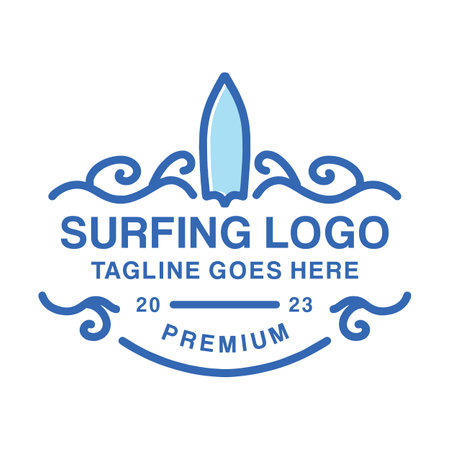 Surfing Wave Logo Summer Ocean Vintage Emblem Vector Design badge illustration Symbol Iconのイラスト素材