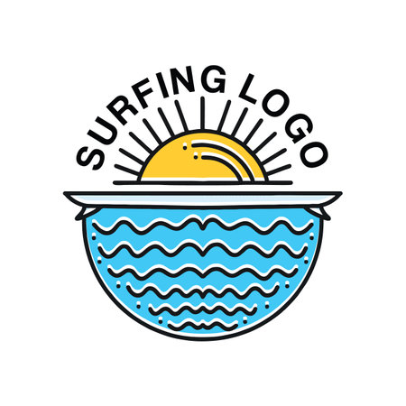 Summer Beach Surfing Monoline Logo Vector Vintage Emblem Vector Design badge illustration Symbol Iconのイラスト素材